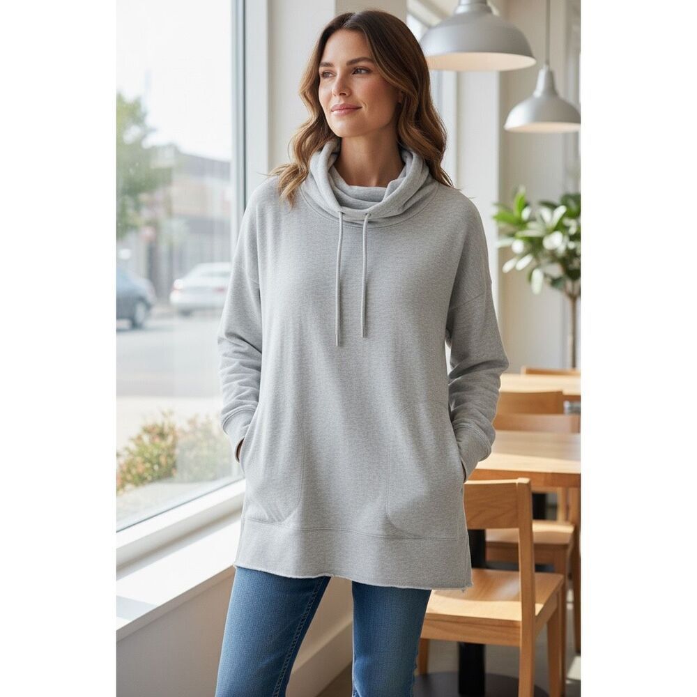 Toad&Co Women’s L Gray Cowl Neck Hoodie Tunic Organic Cotton Blend Long Sleeve
